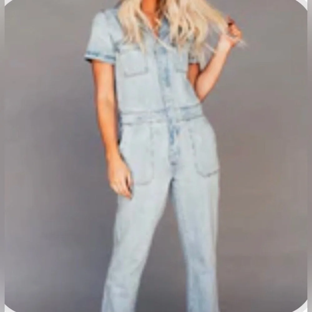 Dressed In LALA “Willa Denim Jumpsuit” Short Sleeve Pockets S/M - Picture 1 of 16
